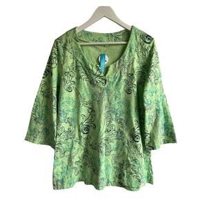 FRESH PRODUCE TOP WMNS MED/LARGE V-NECK FLORAL COTTON TUNIC BLOUSE GREEN NEW